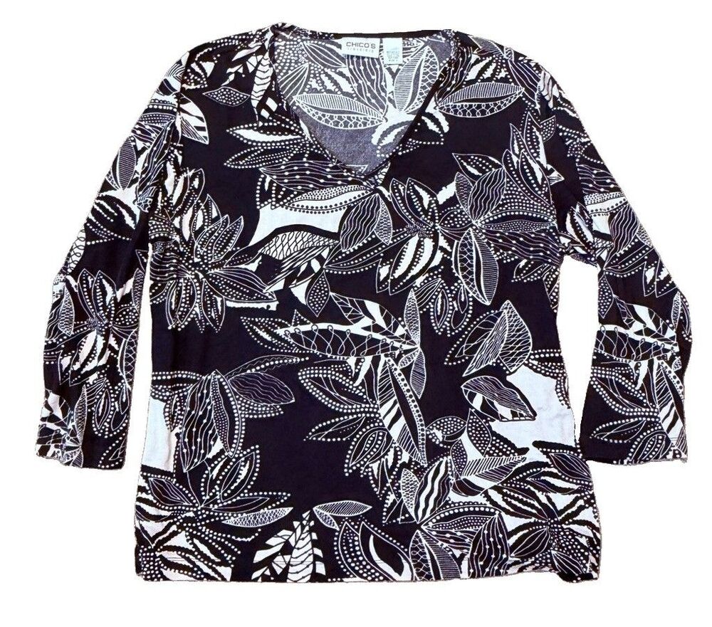 Chico's Travelers Top Women 3 Large 16  V Neck Black White Floral Stretch USA